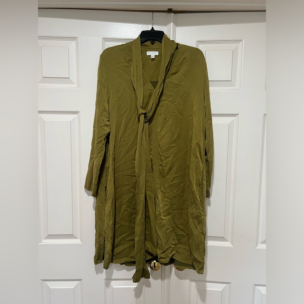 COS Olive Tie v Neck Long Sleeves Midi Breathable Comfort Lagenlook Dress SZ 12